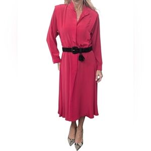 Vintage 80s Fuchsia Shirt Dress Midi Long Sleeve Shoulder Pad 6P
